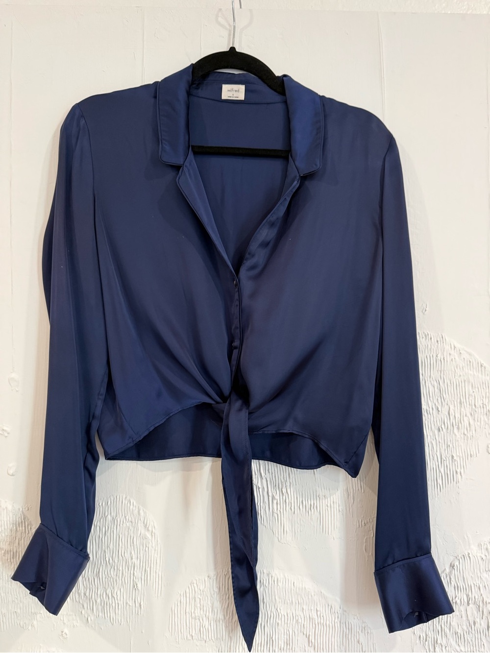 Wilfred Navy Satin Tie-Front Button Down Blouse
